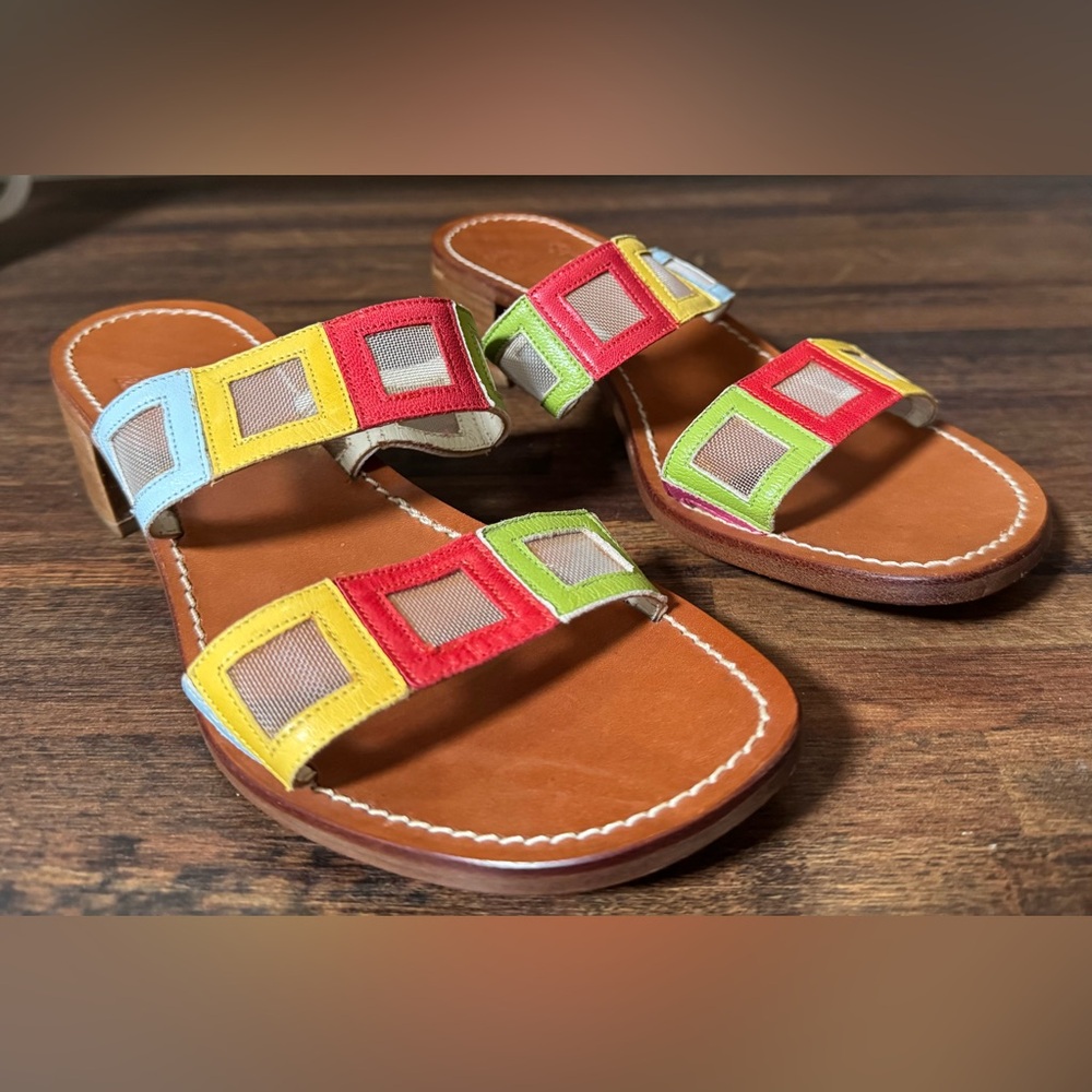 Multicolored Il Sandalo Boho Style Double Strap Leather Sole Sandals Size 37 6.5